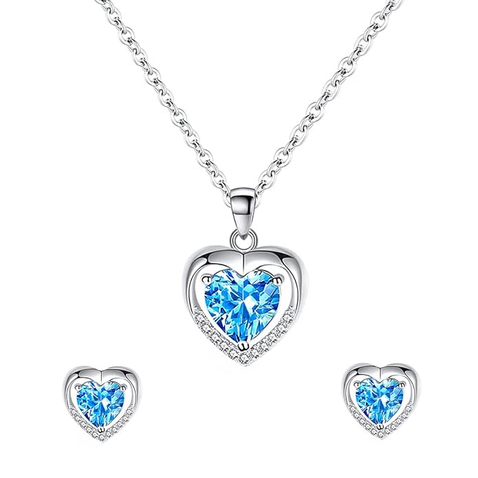 Blue Crystal Heart Pendant With Earrings Set | Dangling Crystals