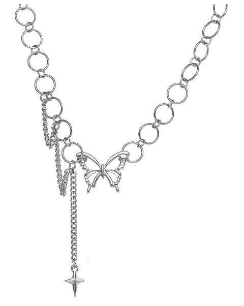 Silver Toned Butterfly Shaped Link Chain Necklace For Women